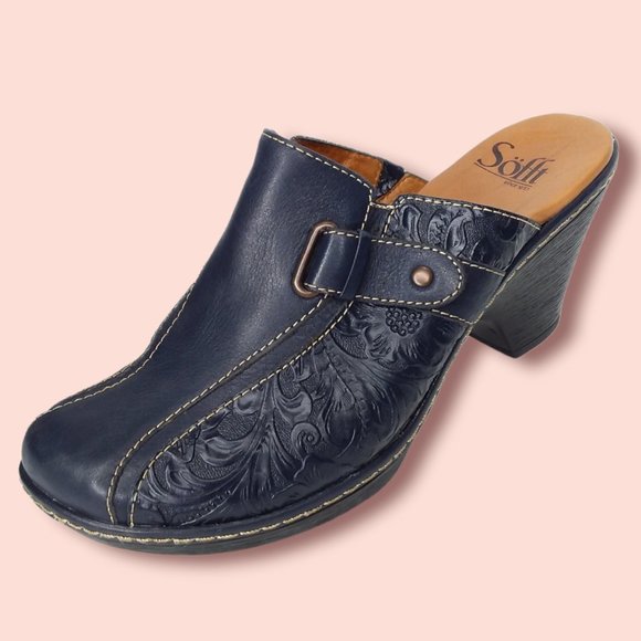 Sofft Tooled Leather Clogs Size 8.5M Blue Slip On Boho Southwestern Floral Folk - Picture 2 of 11